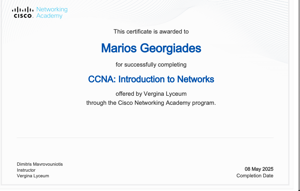 Cisco Certified Network Associate certificate awarded to Marios Georgiades